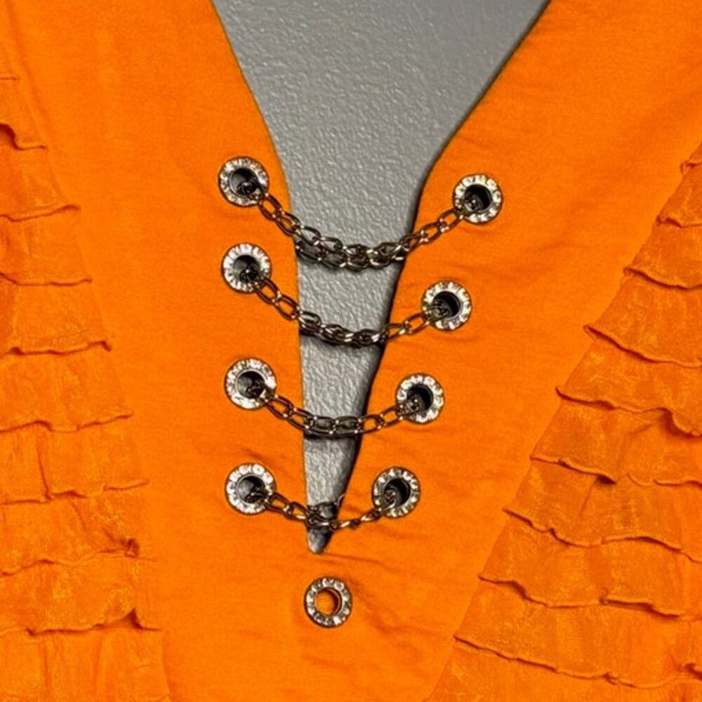 Biker's Club Large Tank Top Orange Ruffle Chain Deep V Open Back Rhinestone - Picture 4 of 5